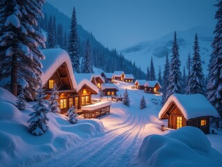 Fototapeta premium Cozy wooden cabins nestled in a snowy forest at twilight, illuminated with warm lights, creating a serene and wintery ambiance in a mountain village
