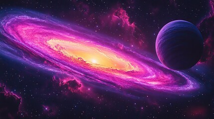 A city street with a large purple and blue circle in the sky. The sky is filled with stars and planets