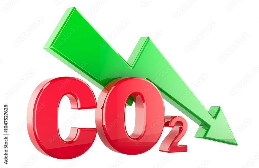 Poster carbon dioxide reduction, concept. co2 with arrow falling, 3d rendering isolated on transparent back