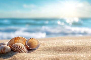 Seashells on sunny beach with sparkling sand and waves