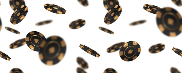 Black gold casino chips falling seamless PNG background isolated on transparent in different positions. Poker endless texture with falling golden blur elements