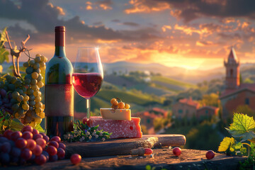 Glasses of fresh red wine with grapes, cheeses, bottle and barrel on a sunset background in Toscane. Italy vineyard and agritourism. Wine shop or wine tasting concept with copy space AI