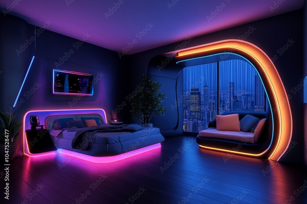 Poster 3d digital illustration of a futuristic loft apartment with dynamic lighting and colorful design ele