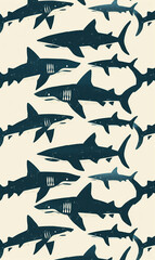 Abstract pattern with colorful sharks swimming in the ocean