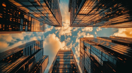 A striking perspective of modern skyscrapers viewed from below. The buildings are composed of glass and steel, reflecting the sky and nearby structures on their sleek surface, Generative ai	
