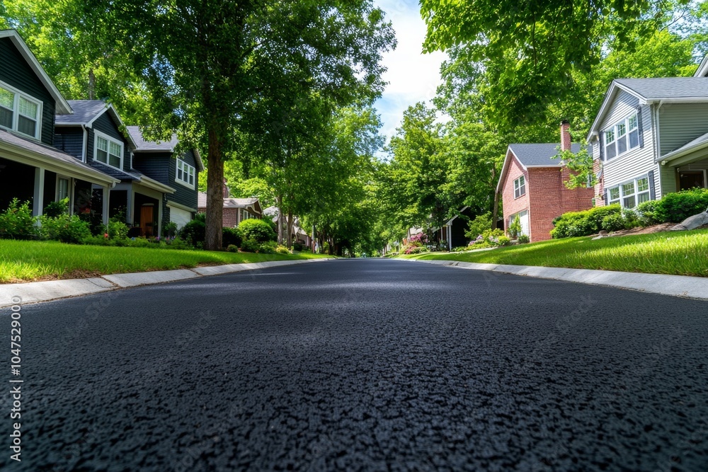 Poster 3d rendering of a quiet suburban street with trees lining the road, houses on either side, and soft 