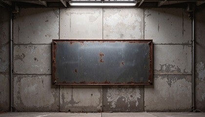 Industrial Metal Sign in Grungy Concrete Room [with copy space]