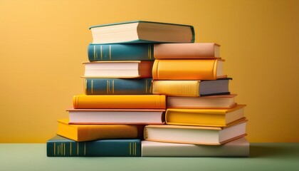 Fototapeta premium Vibrant Stack of Hardcover Books in Shades of Yellow and Blue on a Colorful Backdrop. Conceptual Image of Education, Knowledge Accumulation, and Intellectual Growth in Academic or Creative Spaces