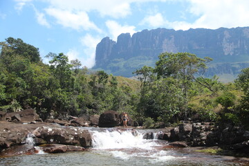 mulher em cachoeira com monte roraima ao fundo, venezuela