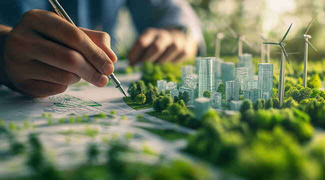Depicts a close-up of a business setting where a person is writing on documents with charts and graphs. Small model trees and stacks of coins are placed on the papers symbolizing growth and investment