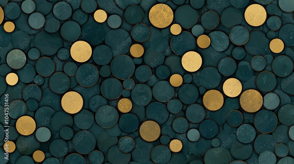 Poster blue and gold pattern of circles. the circles are of different sizes and are arranged in a random pa