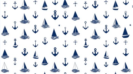Blue and white pattern of boats and anchors. The boats are of various sizes and shapes, and the anchors are scattered throughout the design. Scene is calm and serene, with the boats