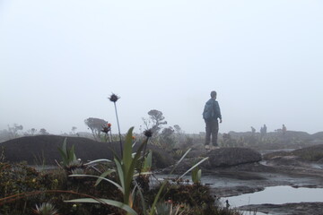 Obraz premium homem caminhando com neblina no alto do monte roraima, venezuela 