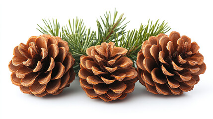three Beautiful Christmas tree cones on a white background close-up	