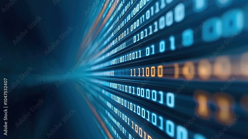 Aufkleber Computer screen with a long line of binary numbers. The numbers are in blue and orange. Concept of technology and complexity