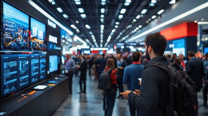 Fototapeta premium Attendees explore digital displays at a technology expo in a modern conference center during the afternoon