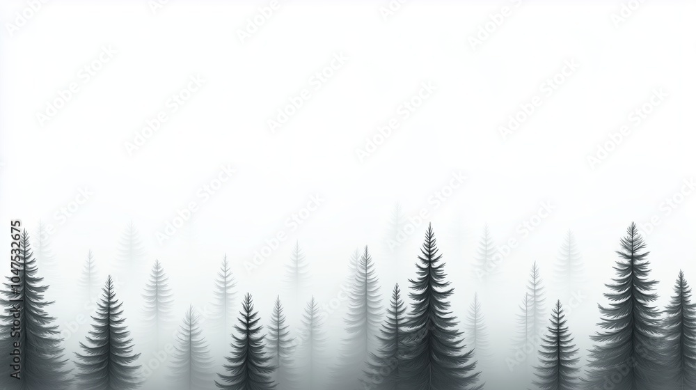 Poster forest of trees is shown in a foggy, misty atmosphere. the trees are tall and spread out, creating a