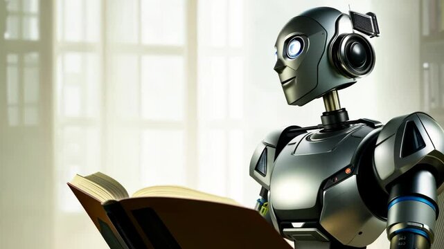 A robot is sitting on a chair and reading a book. The robot is wearing headphones and has a serious expression on its face. Concept of intelligence and focus