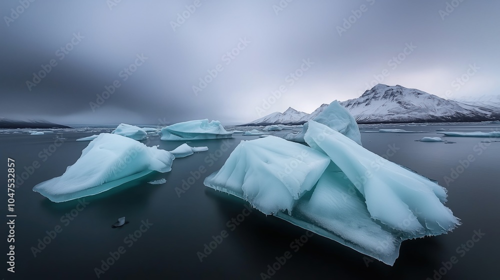 Poster large ice block is floating in the ocean. the sky is cloudy and the water is calm
