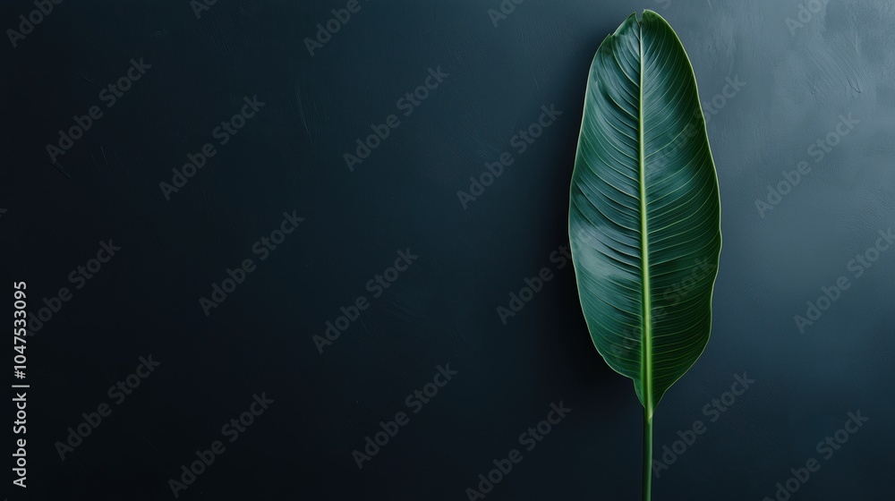 Poster leaf is on a black background. the leaf is green and has a pointy tip. the background is dark and th