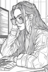 Line Drawing of an Edgy Woman with Glasses in Front of Computers, Tech-Savvy Modern Environment, Focused Professional Look