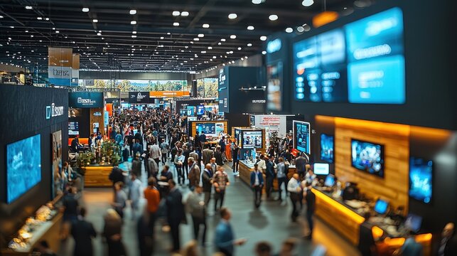 Busy technology conference showcasing numerous booths and attendees engaging in discussions and networking in a modern exhibition center