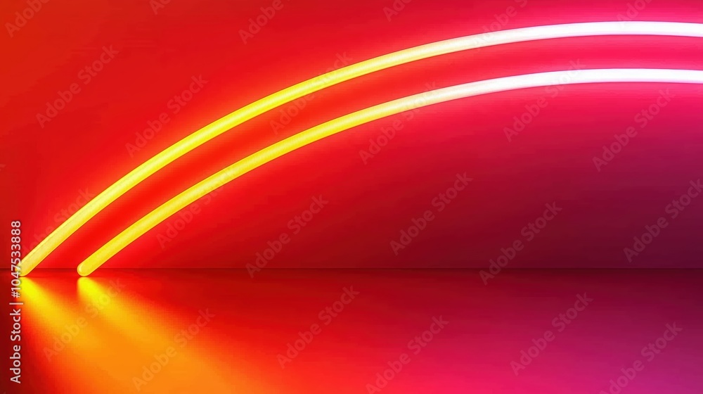 Poster red background with two orange lines that are curved. the lines are lit up and appear to be glowing