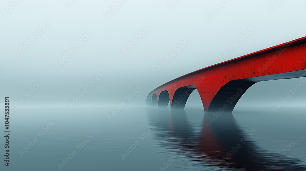 Poster red bridge spans a body of water, with fog in the background. the bridge is the only thing visible i