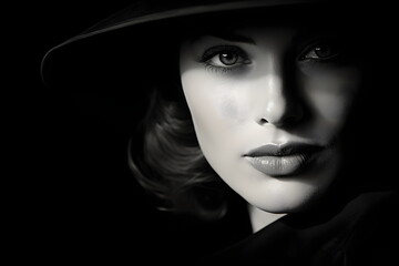 black and white portrait of a woman with hat