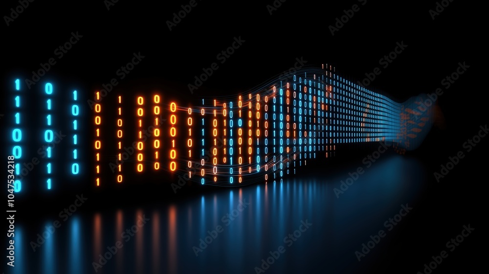 Aufkleber Series of binary numbers are displayed in a dark room. The numbers are in a pattern that resembles a wave. Concept of technology and complexity