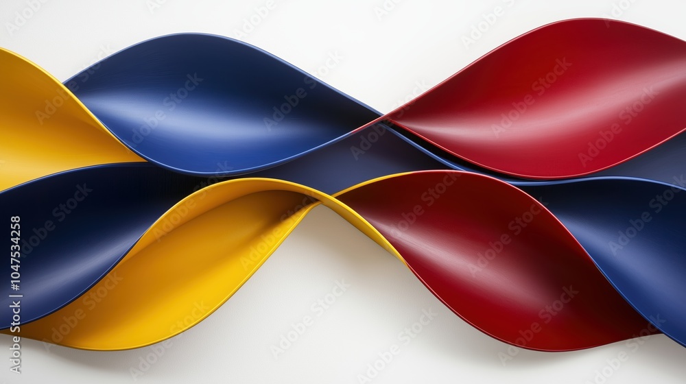 Poster series of colorful shapes are arranged in a spiral. the colors are yellow, blue, and red. the shapes