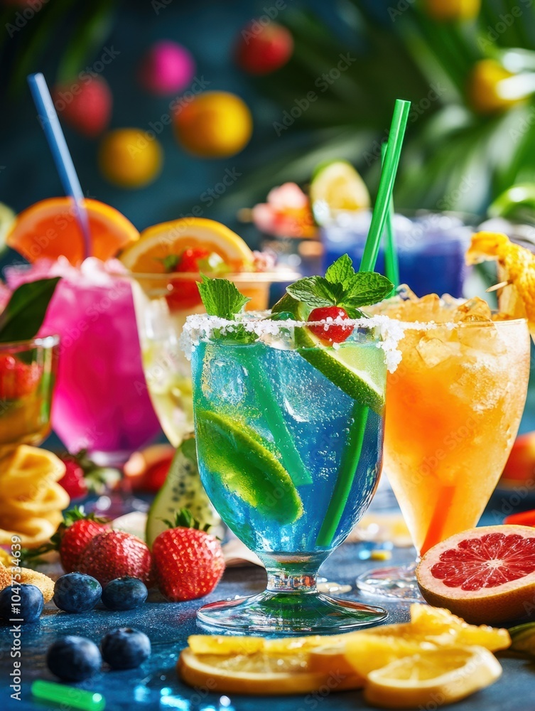 Poster colorful cocktails sit on a table surrounded by fresh fruit and snacks, creating a vibrant and livel