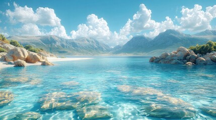 A serene beach scene with clear turquoise water, rocky shores, and majestic mountains in the background under a bright blue sky with puffy clouds.