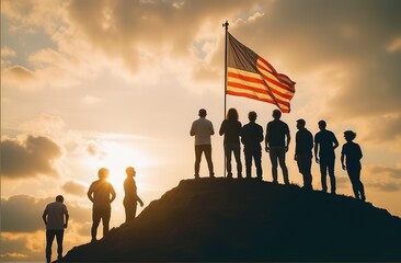 A group of individuals standing on a hilltop silhouetted against a sunset while proudly raising the American flag