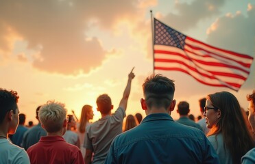 Celebrating unity and freedom at sunset with an American flag in the background during a community gathering