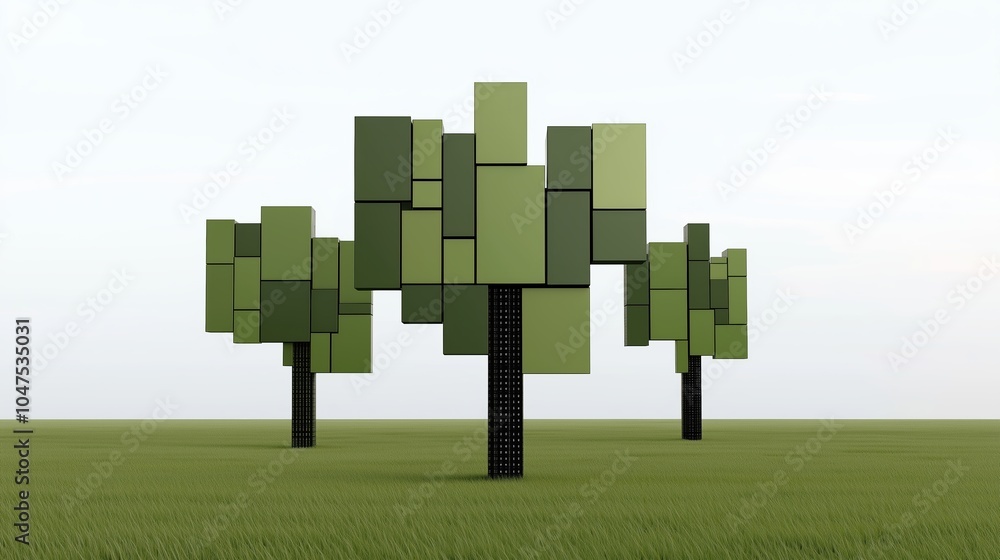 Poster three trees made of blocks are standing in a field. the trees are green and are made of different co