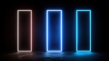 Three neon colored doors are lit up in a dark room. The doors are blue, red, and green