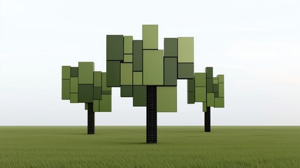 Three trees made of blocks are standing in a field. The trees are green and are made of different colored blocks. The blocks are arranged in a way that they resemble the branches of a tree