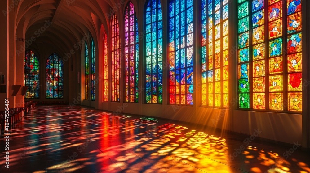 Aufkleber a vibrant array of stained glass windows casts colorful light and patterns on the floor, creating a 