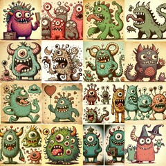 Cartoon monsters. Vintage style drawing. AI generated illustration