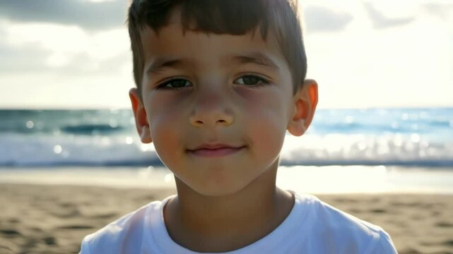 Portrait of a young boy standing outdoors, smiling under the bright sun. Capturing innocence, happiness, and the carefree joy of childhood in nature.