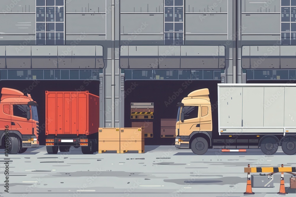Aufkleber large trucks and vans are parked at a warehouse, prepared for loading cargo as the distribution proc
