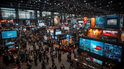 A bustling exhibition hall filled with gaming booths, crowds, and displays during a technology event showcasing new innovations and products