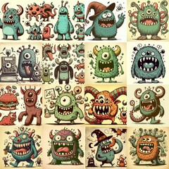 Fototapeta premium Cartoon monsters. Vintage style drawing. AI generated illustration