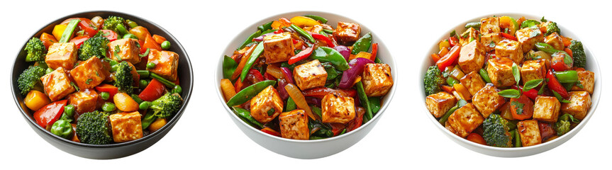 Stir-fried tofu with mixed vegetables isolated on transparent PNG background perfect for vegetarian food promotions or restaurant menus.