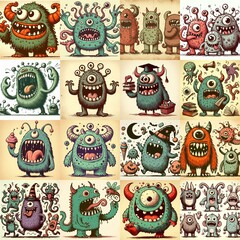 Cartoon monsters. Vintage style drawing. AI generated illustration