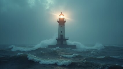 Majestic lighthouse in stormy seas a beacon of hope cutting through fog