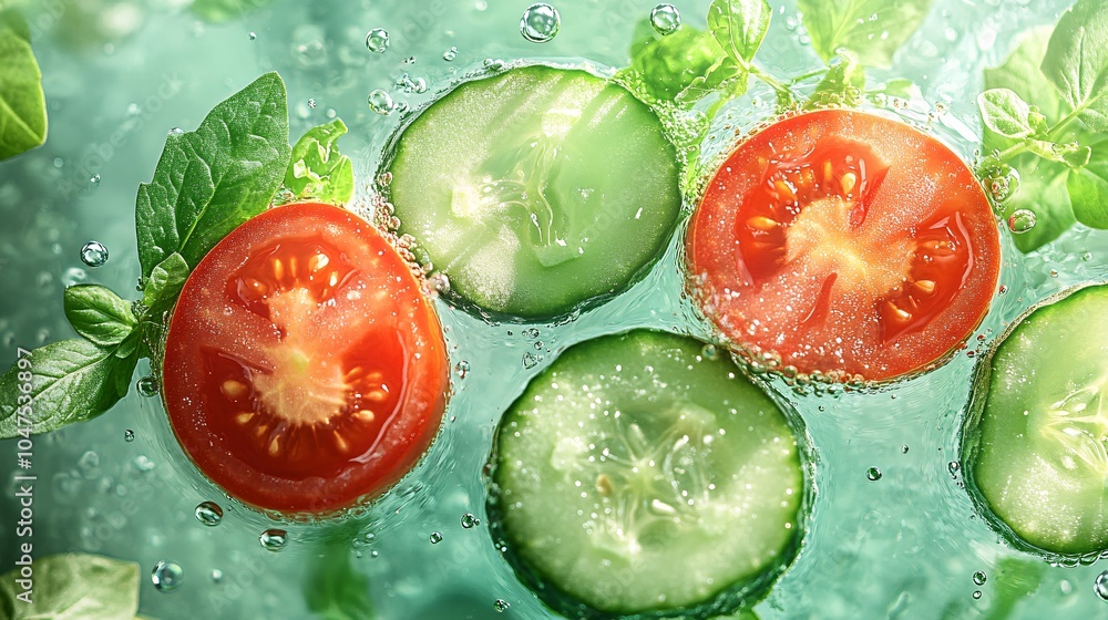 Poster fresh tomatoes and cucumbers float in sparkling water, surrounded by mint leaves, creating a refresh