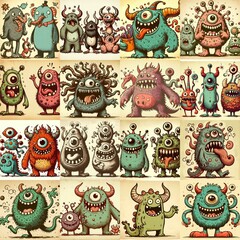 Cartoon monsters. Vintage style drawing. AI generated illustration