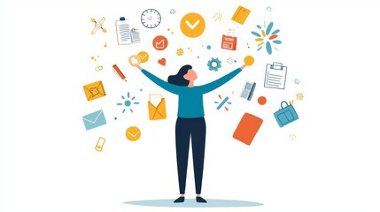 Fototapeta premium A person stands confidently surrounded by various icons representing productivity, creativity, and time management.